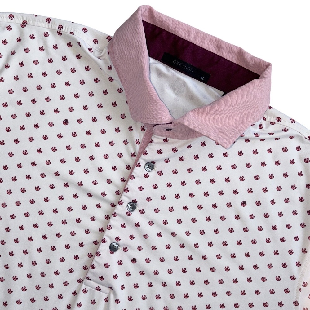 Greyson Men's Performance Golf Polo White Pink Mini Geometric Print Stretch XL